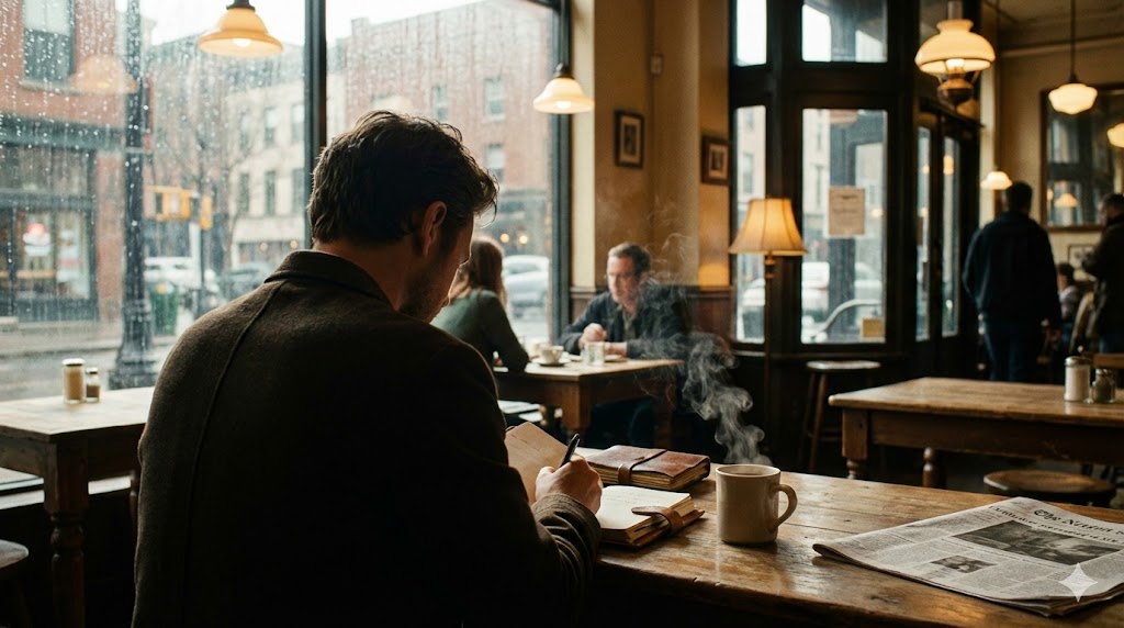 Person writing in a journal with a laptop nearby Smart Life Concept