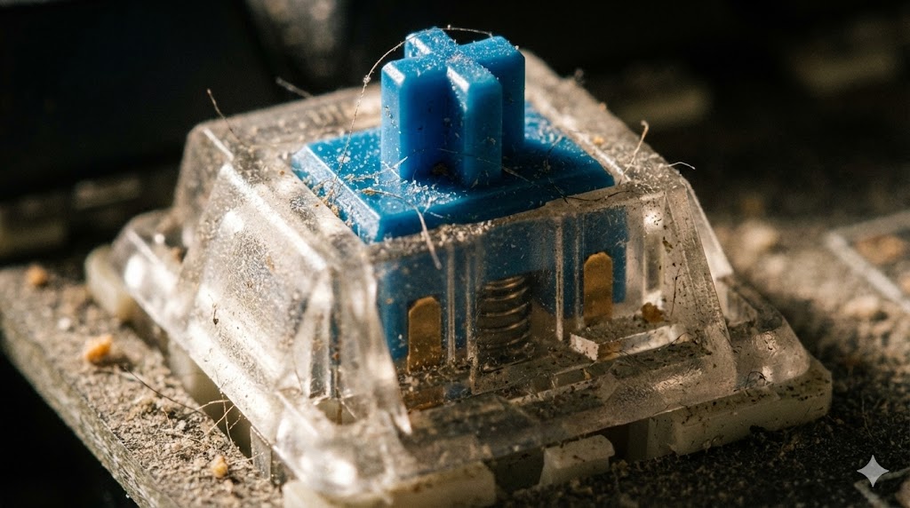 Retro mechanical keyboard and mouse next to the PC case