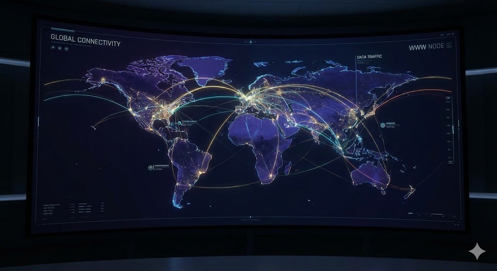 Global network map showing digital currency flow between continents